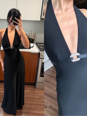 Vintage 1990’s Laundry By Shelli Segal Black Halter Backless Gown with Rhineston